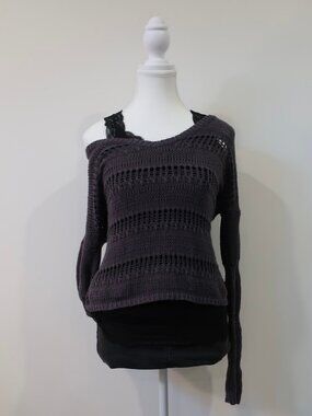 Garage Dark Grey Loose Knit Crochet Style Layering Long Sleeve Top XS